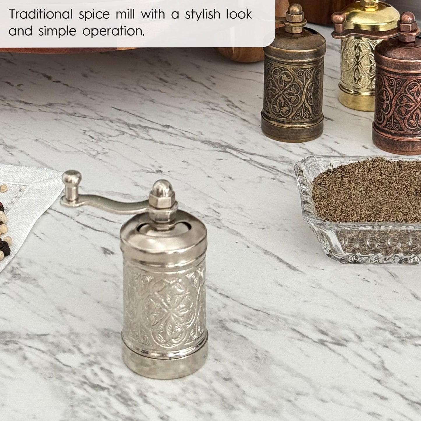 Decorative Handmade Black Pepper Grinder, Refillable Turkish Spice Mill with Adjustable Coarseness, Manual Pepper Mill with Handle, Spice Grinder with Hand Crank 8 cm-3.1 inch