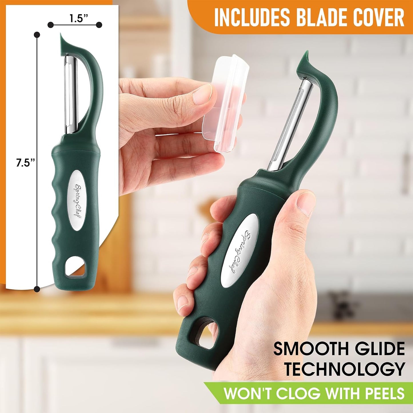 Spring Chef Premium Swivel Vegetable Peelers for Kitchen, Stainless Steel Apple Peelers with Soft Grip Handle and Sharp Blades, Perfect for Potato, Carrot, Mango, Cucumber - Set of 2 - Pine Green