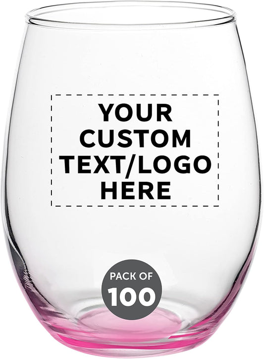 Custom Stemless Wine Glasses in Bulk by ARC Perfection, 15 oz, 100 pack, Personalized Text, Logo, Red or White Wine Glass Set, Pink