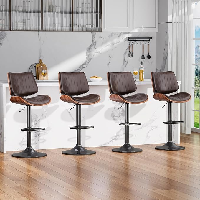 Swivel Bar Stools Set of 4, Adjustable Bentwood Barstools for Kitchen Counter, Modern PU Leather Upholstered Bar Chair with Back and Footrest, for Kitchen Island, Bar, Dining Room, Brown