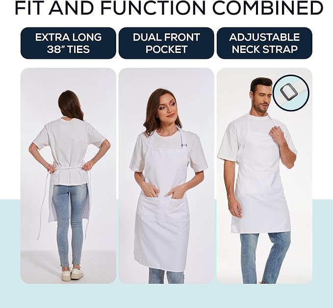 Will Well Kitchen Apron for Men and Women - 33" x 27" Oil-and-Water-Resistant with Adjustable Neck Strap and 38" Waist Ties for a Snug Fit, Lightweight with 2 Front Pockets - 2-Pack, White
