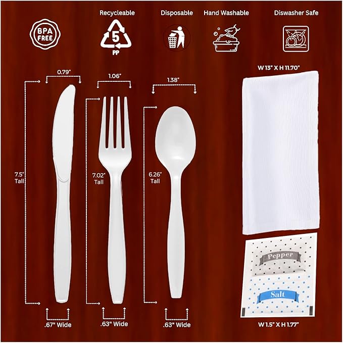 Bulk Heavy Weight Cutlery Individually Wrapped White Plastic Cutlery Knife, Spoon, Fork Pack with Napkin and Salt and Pepper Packets - Extra Strong & Resistant