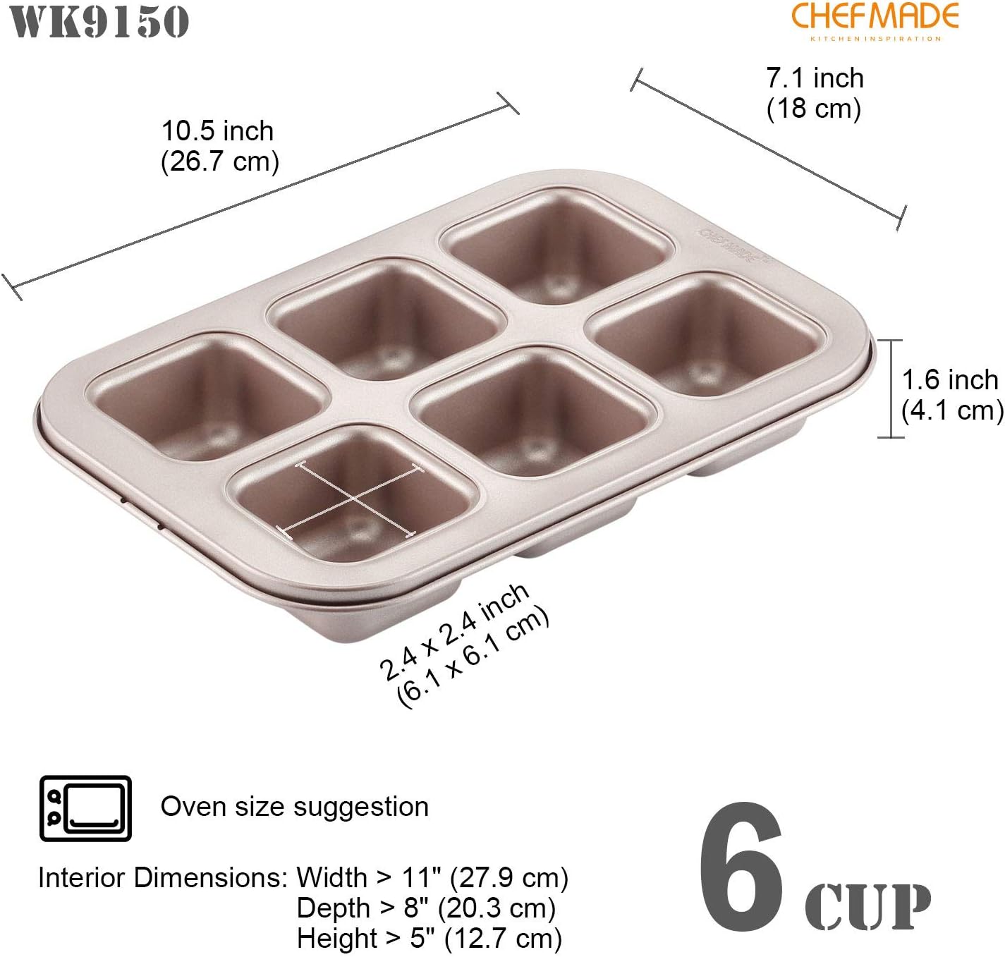 CHEFMADE Brownie Cake Pan, 6-Cavity Non-Stick Square Muffin Pan Blondie Bakeware for Oven Baking (Champagne Gold)