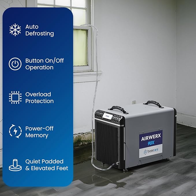 BaseAire AirWerx90X Energy Star Dehumidifier for Crawl Space Basement, 198 Pints Commercial Dehumidifier with Pump, 5 Years Warranty, Intelligent Humidity Control, Auto Shut off/Restart