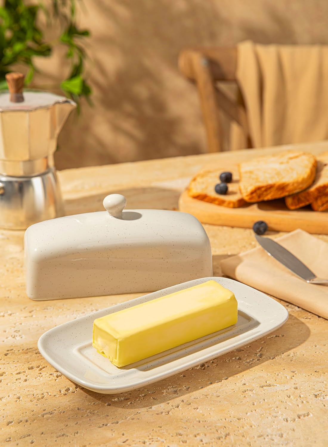 Sweese Butter Dish with Lid, Porcelain Butter Keeper, 7.8 Inch Butter Holder with Handle Cover, Butter Container Perfect for East West Coast Butter, Light Gray