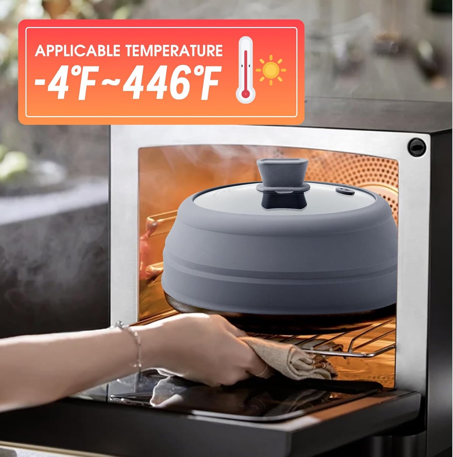 Microwave Splatter Cover Glass Microwave Cover for Food Collapsible Splatter Guard Lid with Silicone Handle for Pot Plate Bowl 9 Inch Grey