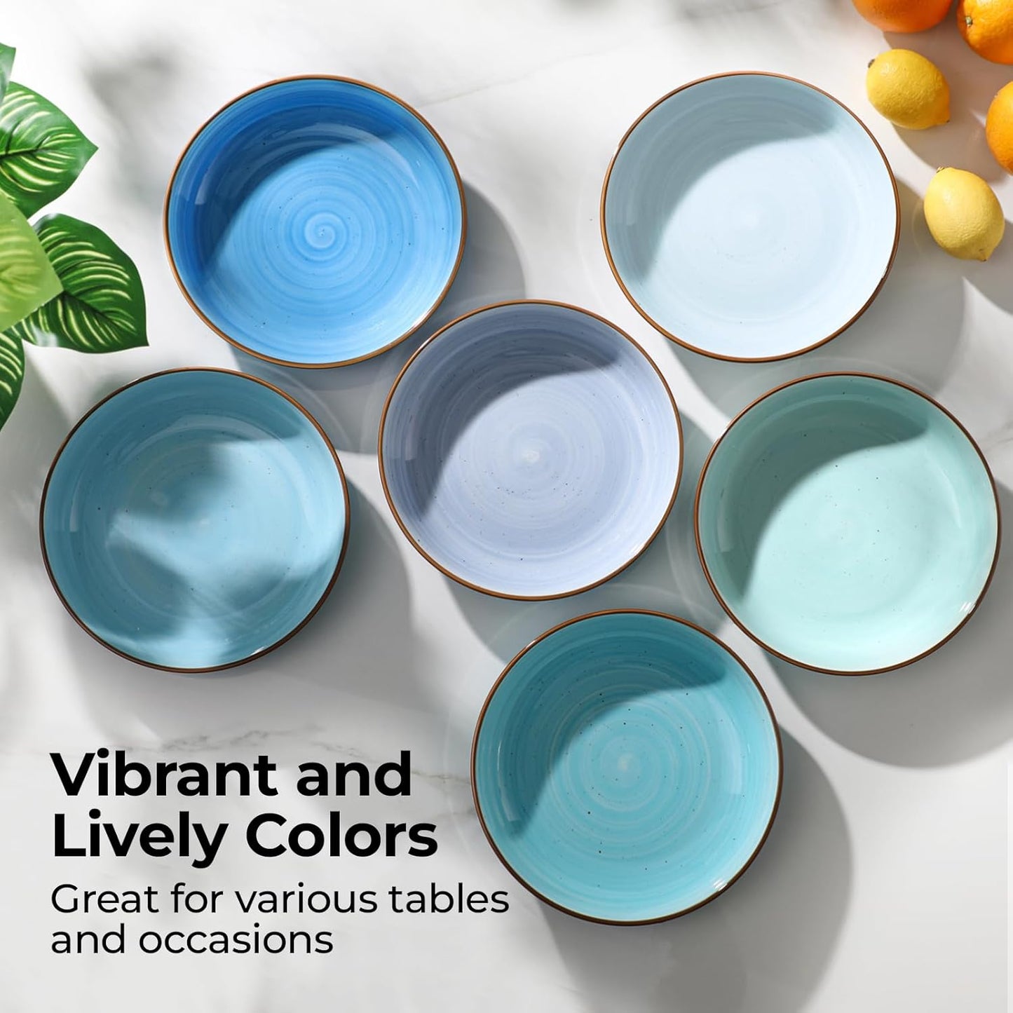 Y YHY 8.5'' Pasta Bowls Set of 6, 30 oz Ceramic Shallow Salad Bowls, Large Serving Soup Bowls Pasta Plates, Microwave & Dishwasher Safe Dinnerware Valentine's Day Gift, Gradient Blue