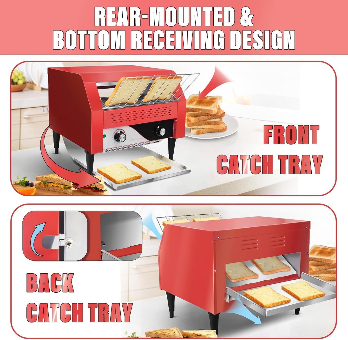 Commercial Conveyor Toaster 450 Slices/Hour Red Conveyor Toaster 3 Modes/7 Speeds Stainless Steel Tabletop Toaster for Toast, Bagels and Other Baked Breads