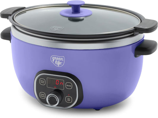 GreenLife 6 Quart Ceramic Slow Cooker, PFAS-Free, Programmable, Removable Healthy Nonstick Pot for Family Meals, Sear on Stovetop, Keep Warm, Digital Timer, Dishwasher Safe Glass Lid, Periwinkle