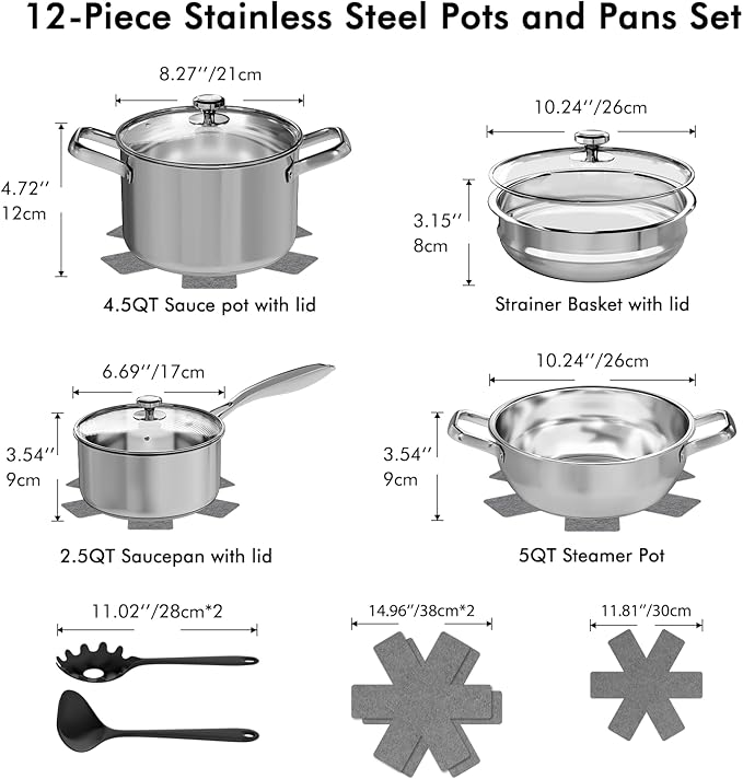 Pots and Pans Set,12-Piece Stainless Steel Cookware Set, Induction Ready Kitchen Cooking Set, Includes Saucepans, Stockpot, Steamer & Strainer Basket, Glass Lids, Dishwasher & Oven Safe
