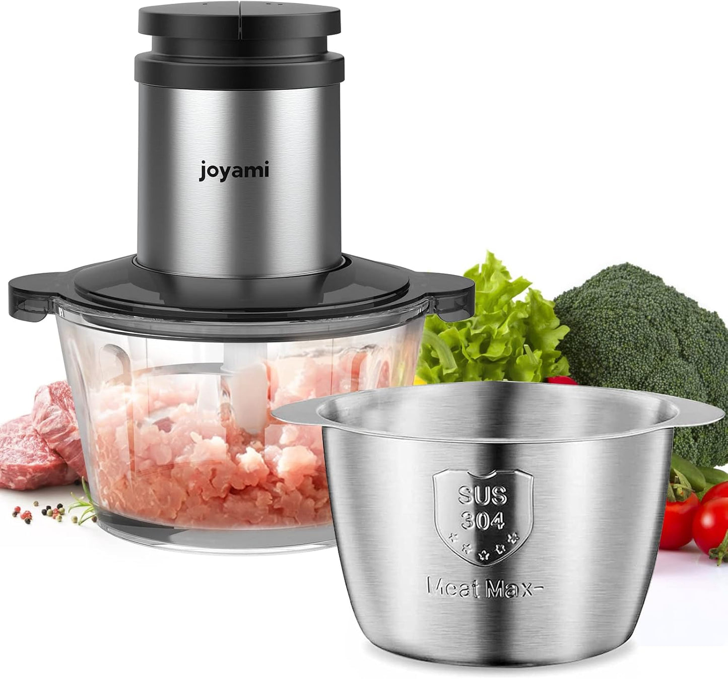 JOYAMI Electric Food Processor with 2 Bowls, Food Chopper Vegetable Meat Grinder, Stainless Steel Blades, 2 Speed