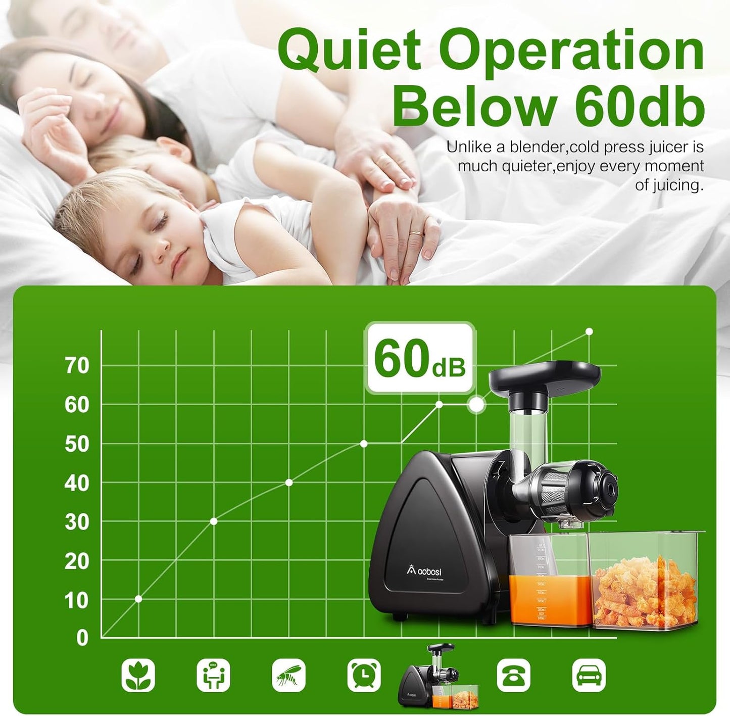 Juicer Machine, Aobosi Slow Masticating Juicers, Cold Press Juicer Machines with Reverse Function, Quiet Motor, High Juice Yield with Juice Jug & Brush for Cleaning (Matte Black)