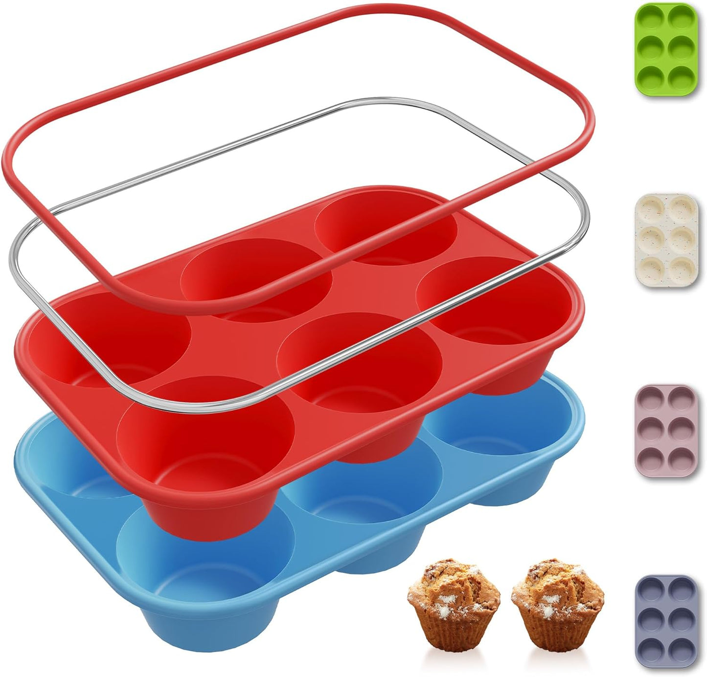 2 Pack 6 Cups Silicone Jumbo Muffin Pan with Metal Reinforced Frame Silicone Molds Cupcake Cake Baking Pans Egg Bites Muffin Tin Tart Pans Bundt Pan Reposteria Accesorios Moldes Para Pasteles
