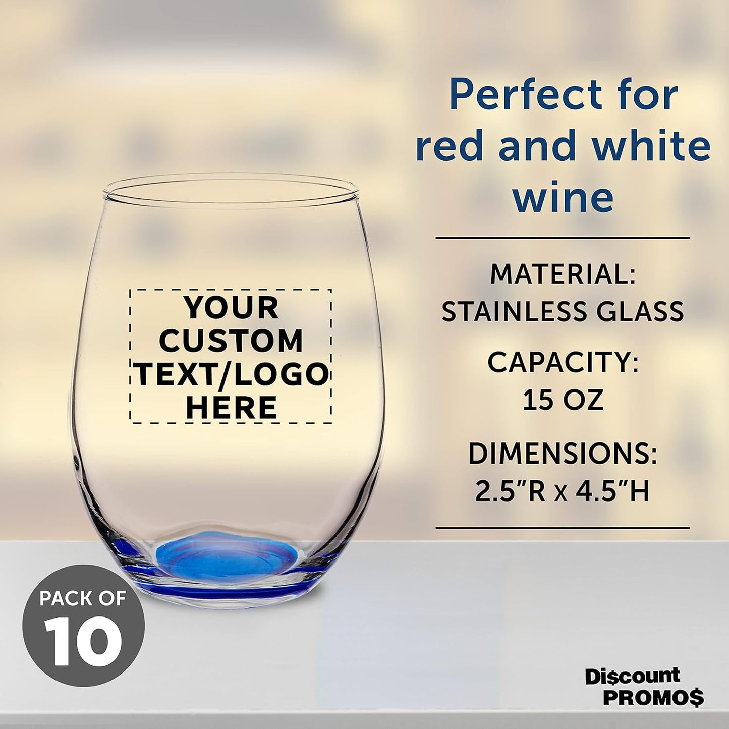Custom Stemless Wine Glasses in Bulk by ARC Perfection, 15 oz, 10 pack, Personalized Text, Logo, Red or White Wine Glass Set, Blue