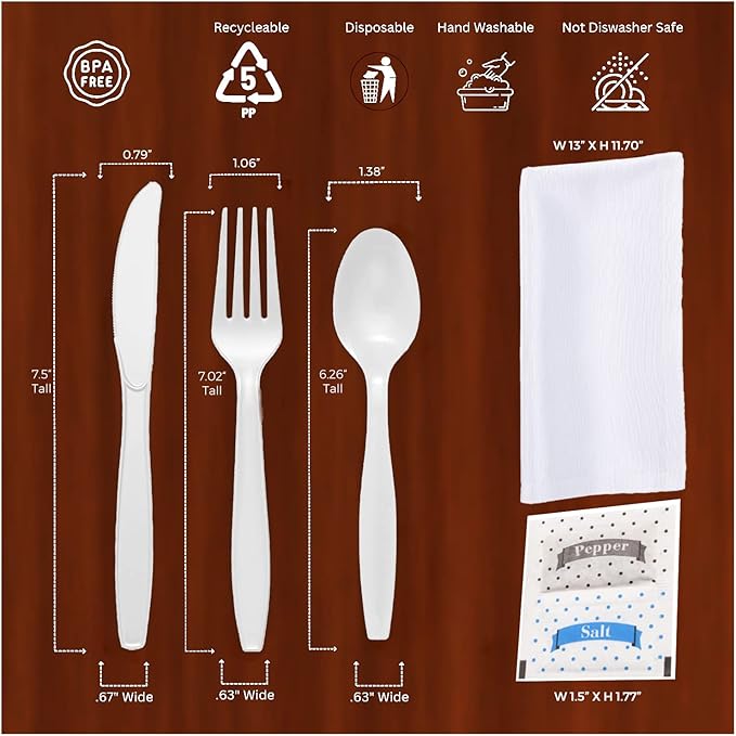 Bulk Heavy Weight Cutlery Individually Wrapped White Plastic Cutlery Knife, Spoon, Fork Pack with Napkin and Salt and Pepper Packets - Extra Strong & Resistant
