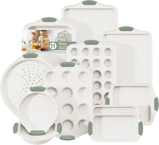 11-Piece Non-Toxic Baking Set, Stackable Nonstick Cookware with Heat-Resistant Handles - Includes Cookie Tray, Round Cake Pan, Muffin Cups, Pizza Pan & Loaf Baker, White&Light Green