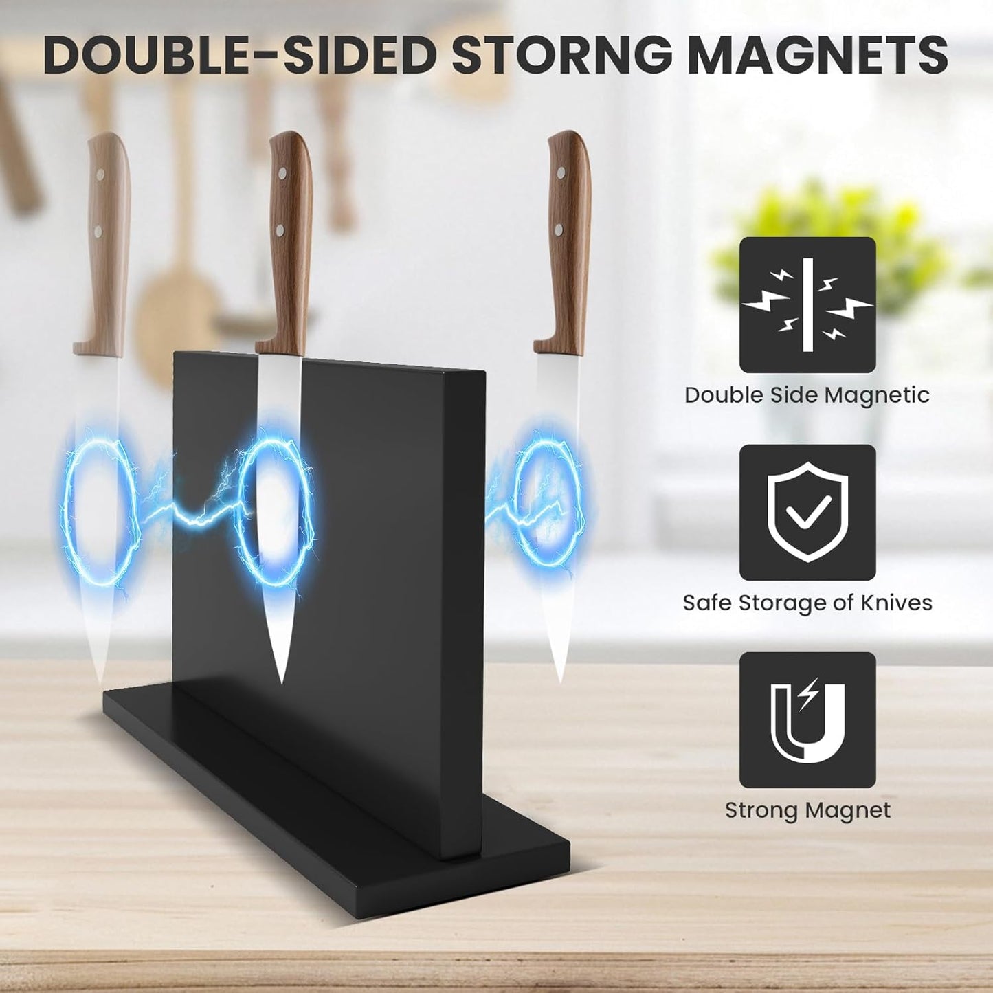 Black Magnetic Knife Holder, Double-Sided Magnetic Knife Block Universal Multi-function Display Rack for Kitchen Counter