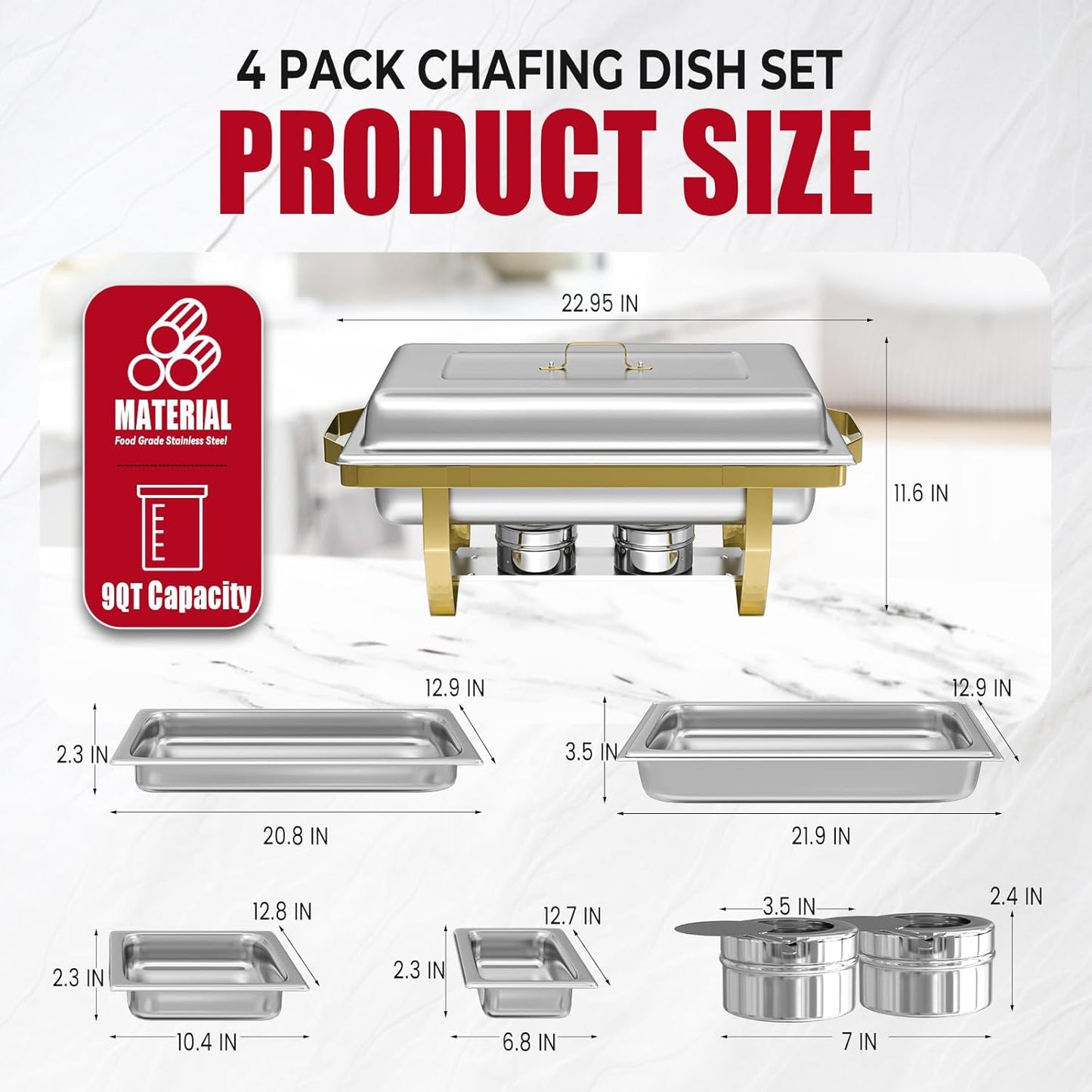 4 Pack Chafing Dish Buffet Set, 8QT Stainless Steel Rectangular Gold Frame Chafers and Buffet Warmer Sets 7 Pans Rolled-Edge Design for Catering Event Party Holiday