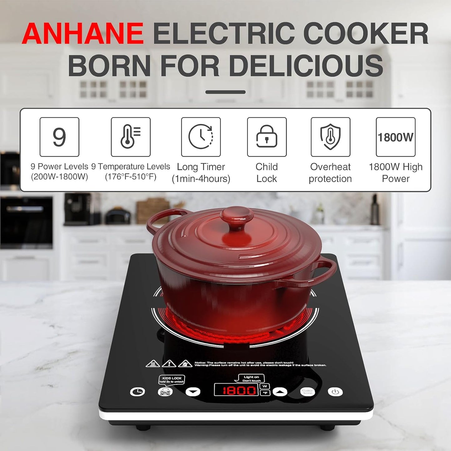 Electric Cooktop Single Burner Portable Stove 1800W 110v -120v Countertop Hot Plates Electric Plug in, Touch Control, Child Lock, 9 Power Levels Low Noise, 4 Hour-Timer Infrared Cooktop