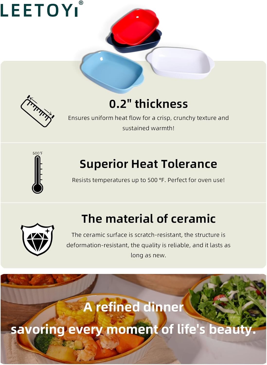 LEETOYI Ceramic Small Baking Dish, Porcelain 2-Piece Rectangular Bakeware with Double Handle, Baking Pans for Cooking and Cake Dinner 7.5"×5 (Royal Blue)