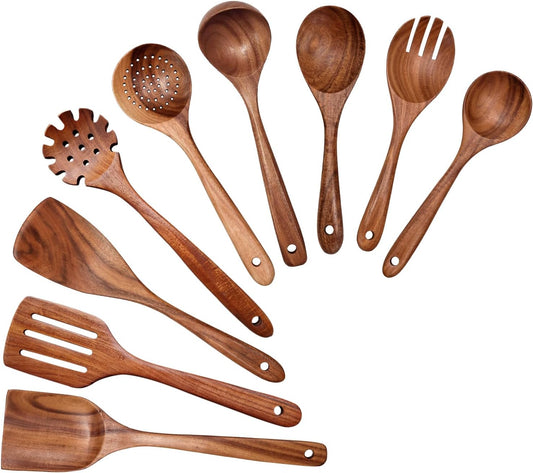 Wooden Spoons for Cooking 9 Pieces Set, Teak Wooden Kitchen Utensil Set, Wooden Cooking Utensils Spoons, Spatulas, Heat-Resistant, Lightweight & Durable, Perfect for Non-Stick Cookware