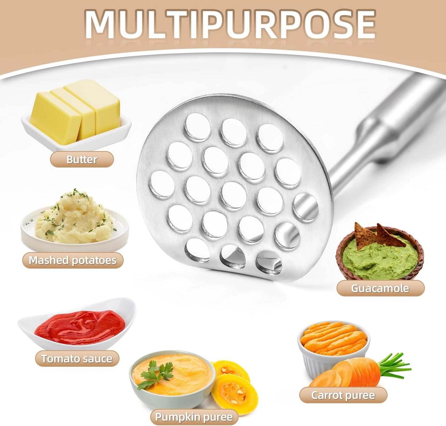 Potato Masher Stainless Steel Small, Mini Avocado Masher, Manual Potatoes Smasher Kitchen Tool for Avocado, Potatoes, Beans, Vegetables, 8.7Inch Metal Mashing Utensil, Dishwasher Safe