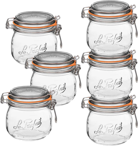 Le Parfait Super Jar, Canning Jars, 500mL French Glass Canning Jar w/Round Body, Glass Jars With Airtight Lid, Canning Jars Wide Mouth, Glass Jar w/Lid, Clear Jars, Clear Glass Jars (16oz/Pint, 6 pk)