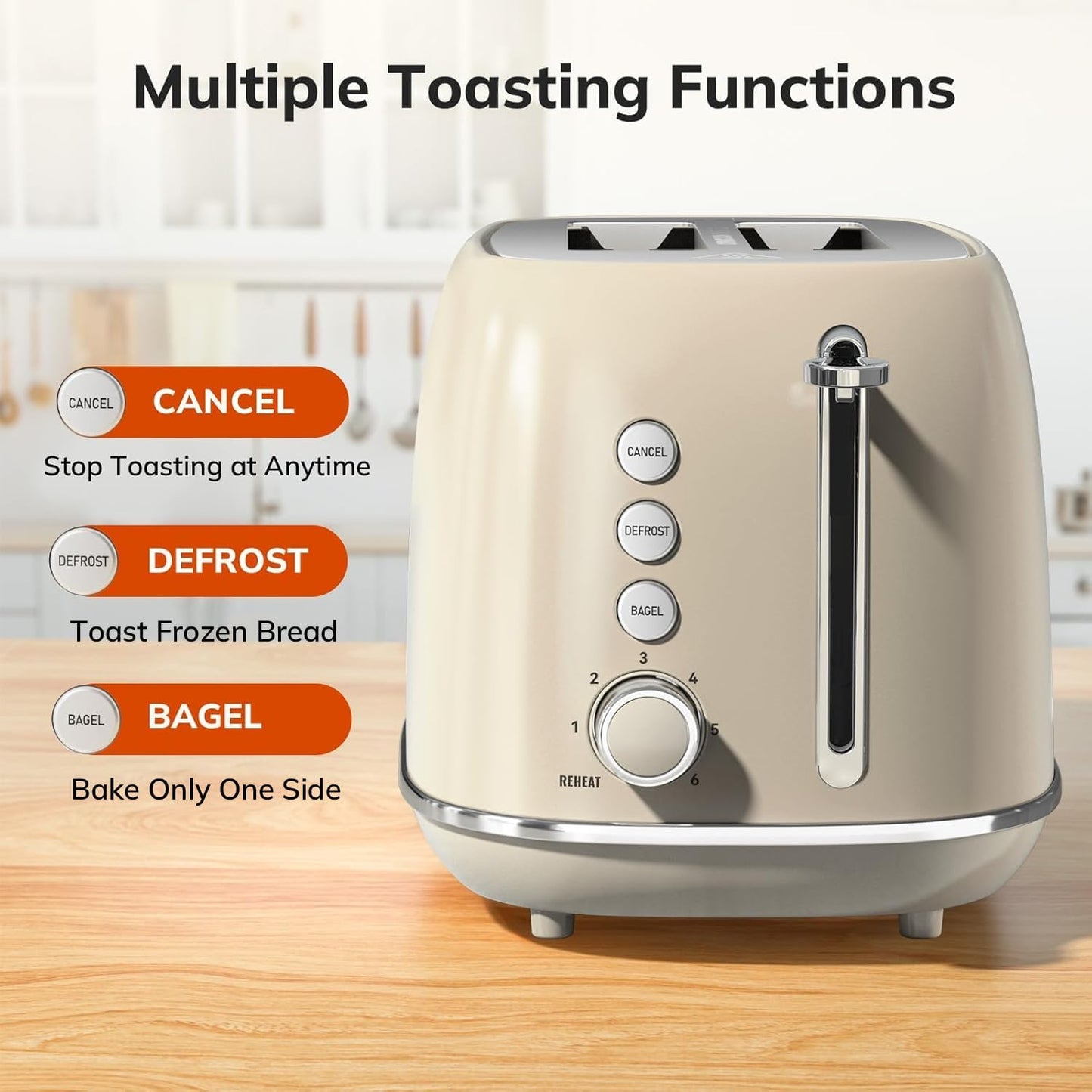 2 Slice Stainless Steel Toaster Retro with 6 Bread Shade Settings, Bagel, Cancel, Defrost Function, 2 Slice Toaster with Extra Wide Slot, Removable Crumb Tray, Tauge