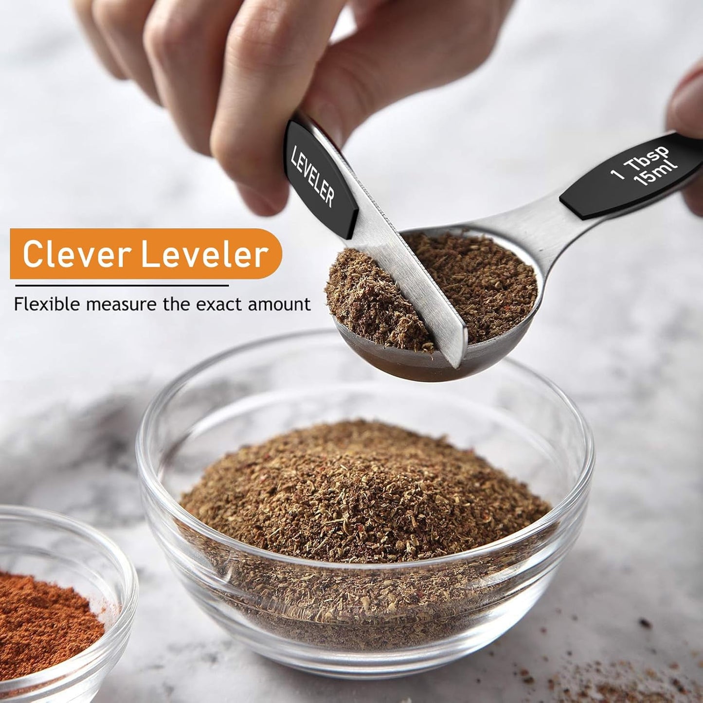 Magnetic Measuring Spoons Set - Wildone Stainless Steel Double Sided Measuring Spoons Set of 7 Black, for Dry & Liquid Ingredients, Including 6 Heavy Duty Nesting Spoons, 1 Leveler, Fits in Spice Jar