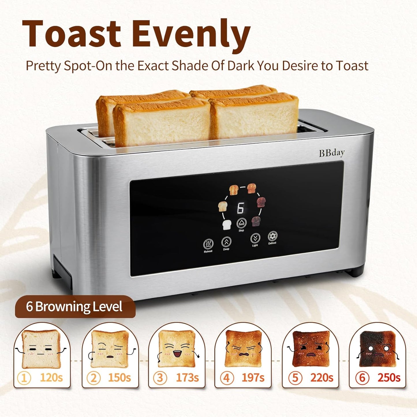 Toaster 4 slice with Touch Screen LCD Display, Extra Long Wide Slots Toaste, Smart Toaster with 6 Browning Levels, Defrost, Reheat & Removable Tray, Stainless Steel
