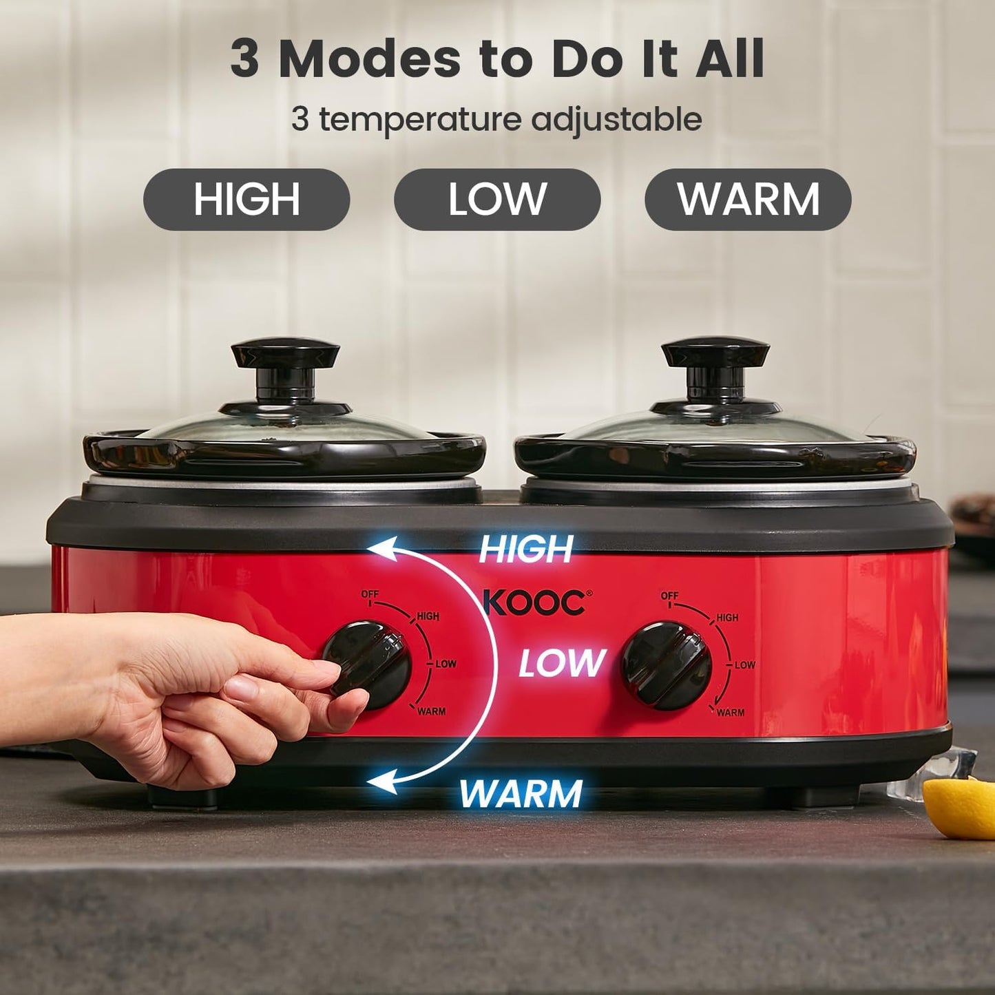 KOOC Double Small Slow Cooker, Buffet Server and Warmer, 2 Mini Pots with 3 Individual Adjustable Temp, Dual Ceramic Pots, Free Liners for Easy Clean-up, Stainless Steel, Total 2.5 Quart, Red, Round
