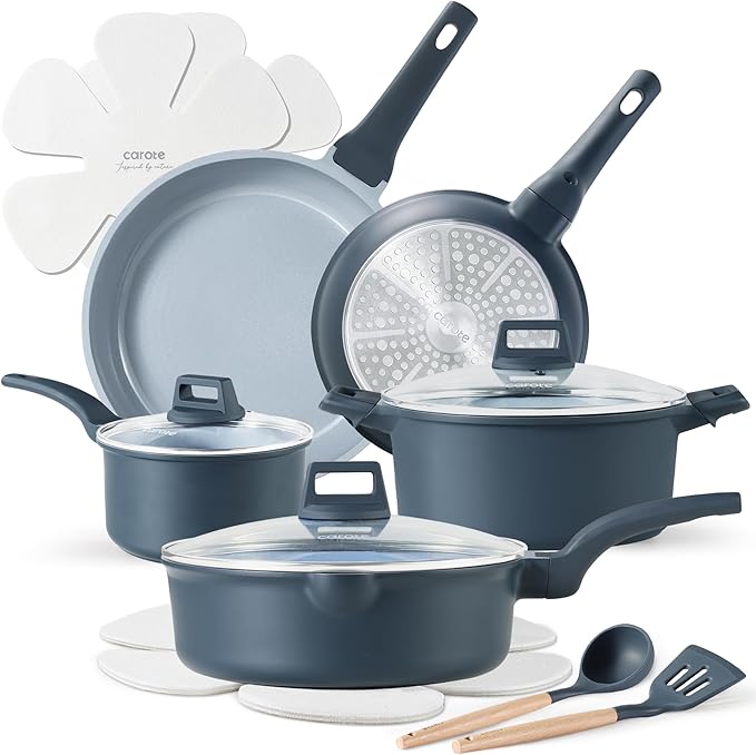 CAROTE 14 Pcs Ceramic Cookware Set, Pots and Pans Set Non Stick with Ceramic Coating, Induction Kitchen Sets