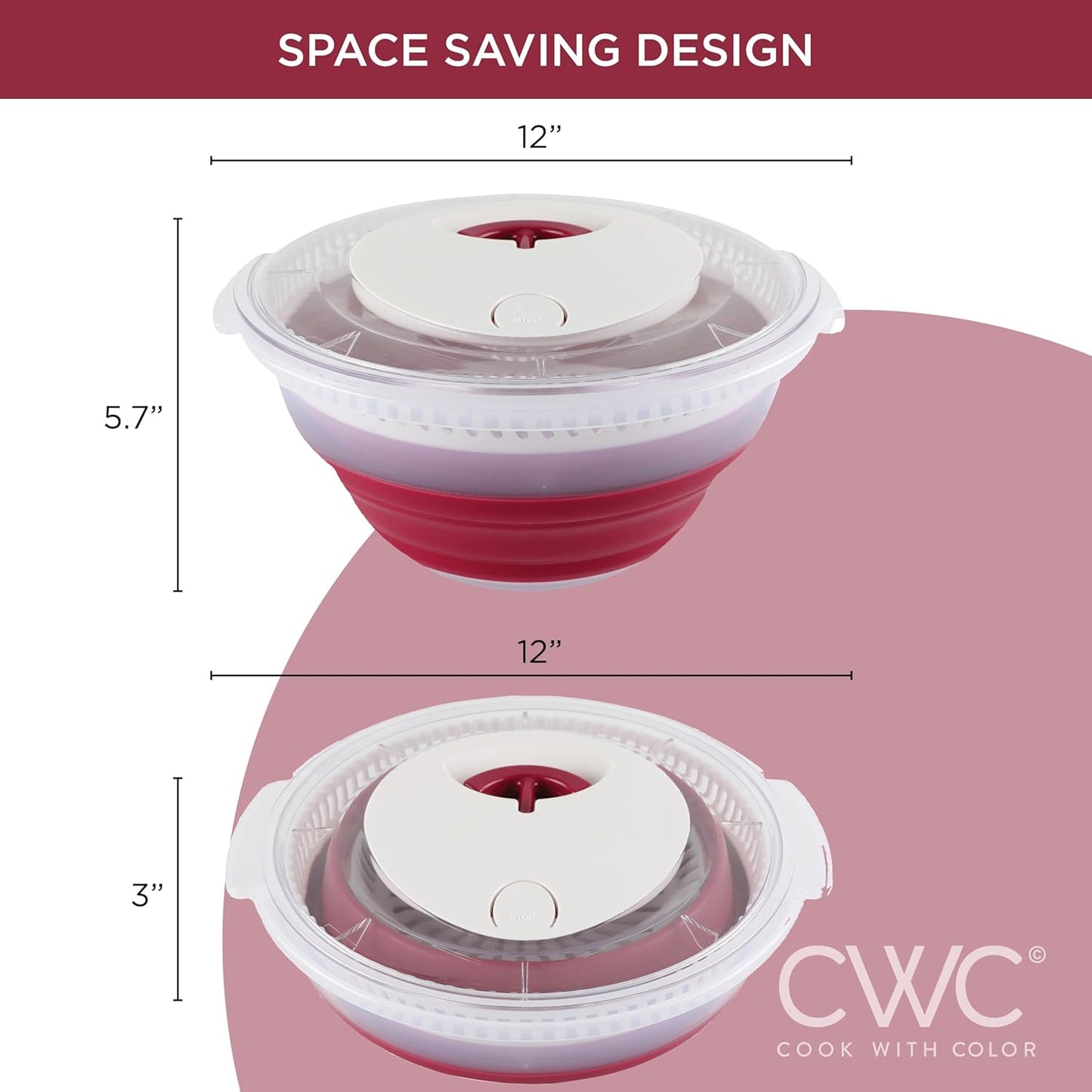 COOK WITH COLOR Collapsible Salad Spinner - 4 QT Space Saving Lettuce Dryer with Folding Collapsible Colander Great for Washing and Drying Fruit and Vegetables (Rose)