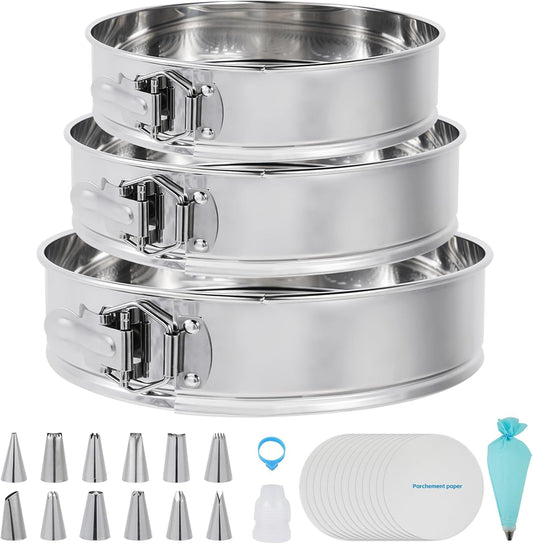 Aufind Springform Pan Set for Baking (7,9,10inches), 304 Stainless Steel Springform Cake Pan with Removable Bottom, Cheesecake Pan with 50PCS Parchment Paper for Pie Cake Pizza and Quiches