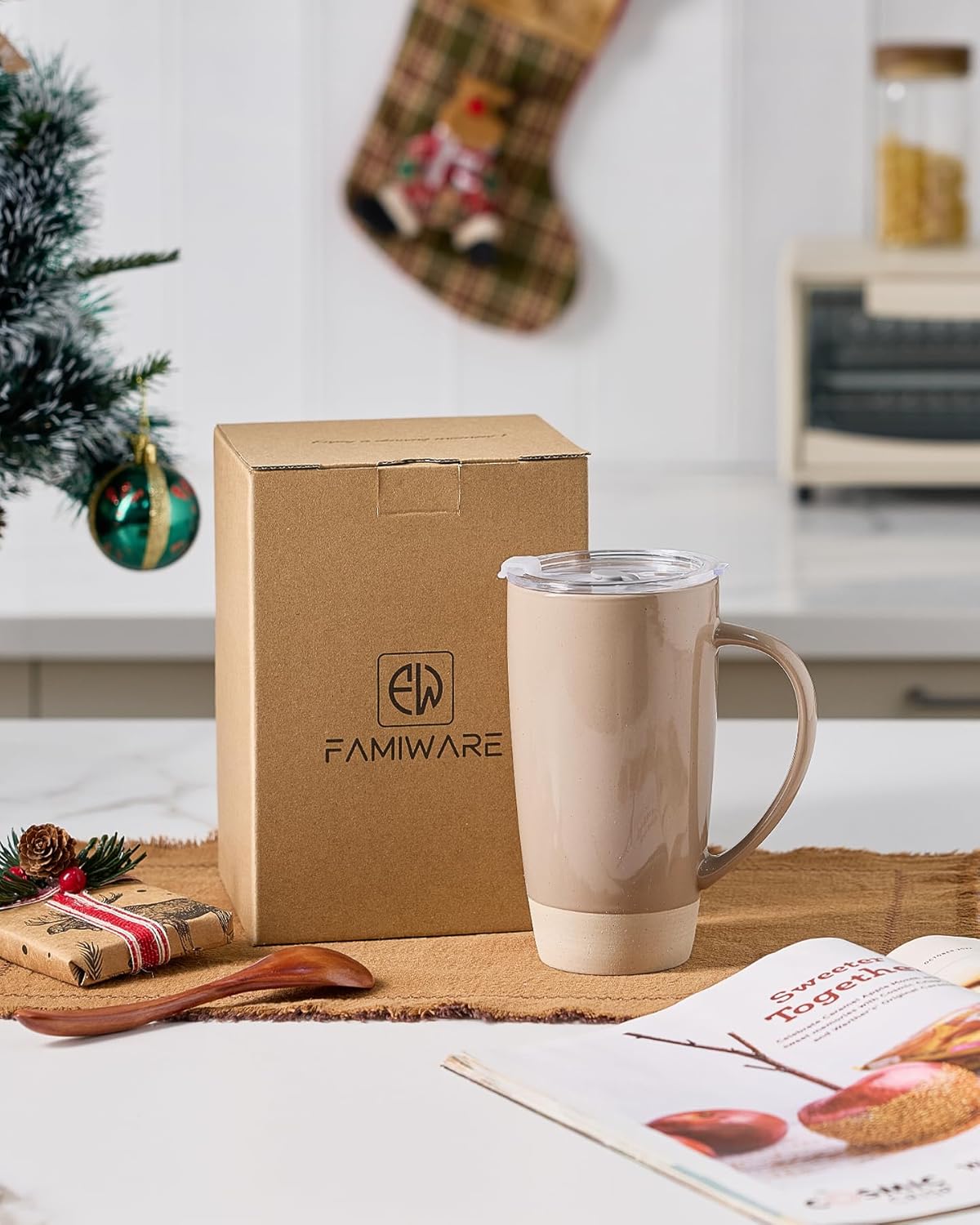 famiware Milkyway Coffee Mugs, 20oz Large Coffee Mug, Ceramic Mug Set of 2 with Lid, Cup Set with Handle for Latte, Tea, Cocoa, Milk, Home & Office, Cinnamon Brown