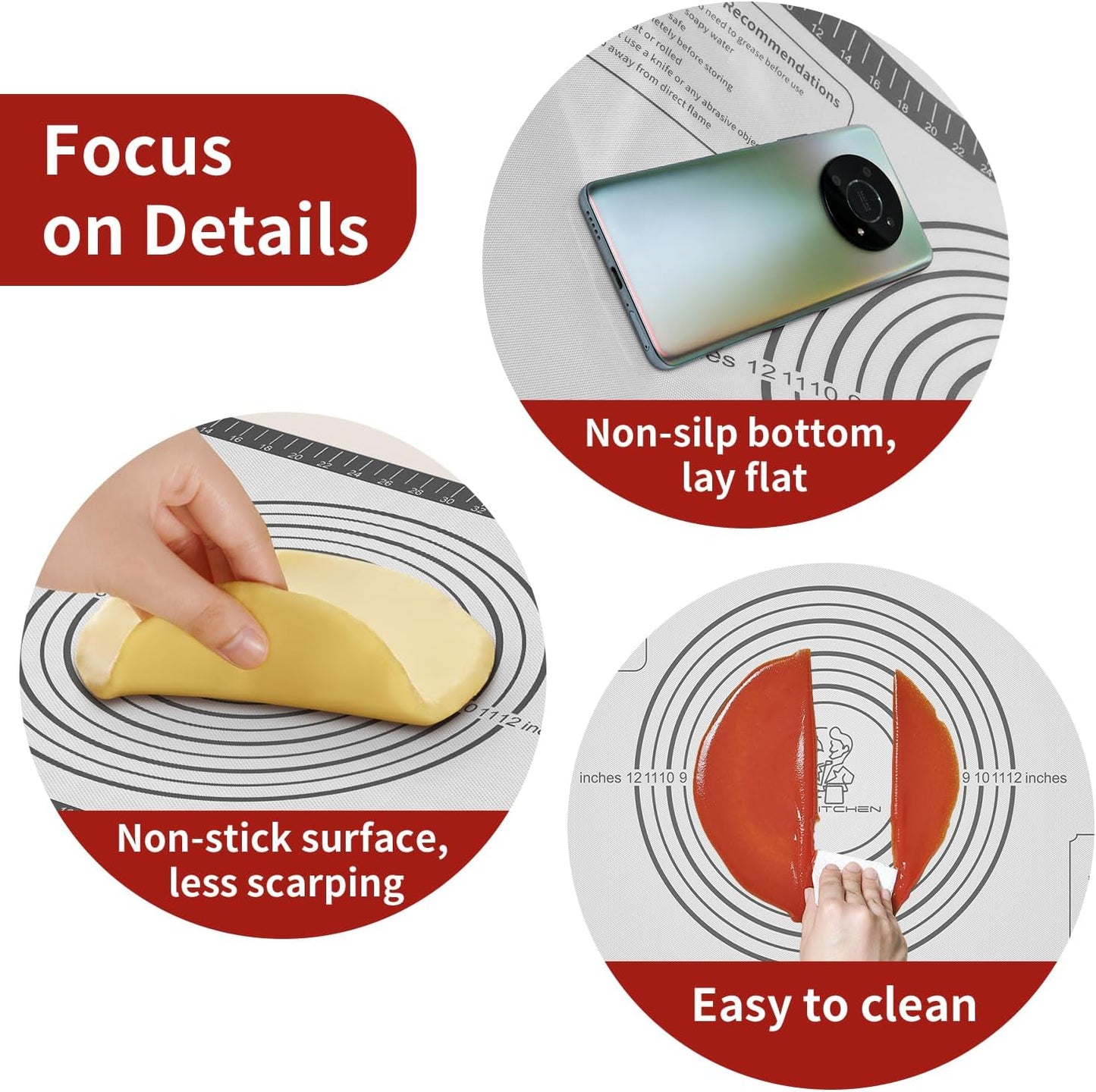 Silicone Baking Mat with Measurement, Non Stick Silicone Pastry Mat for Dough Rolling, Silicone Mat for Baking Macaron Pizza Cookies Pie Crust Oven, Silicone Bread Mat