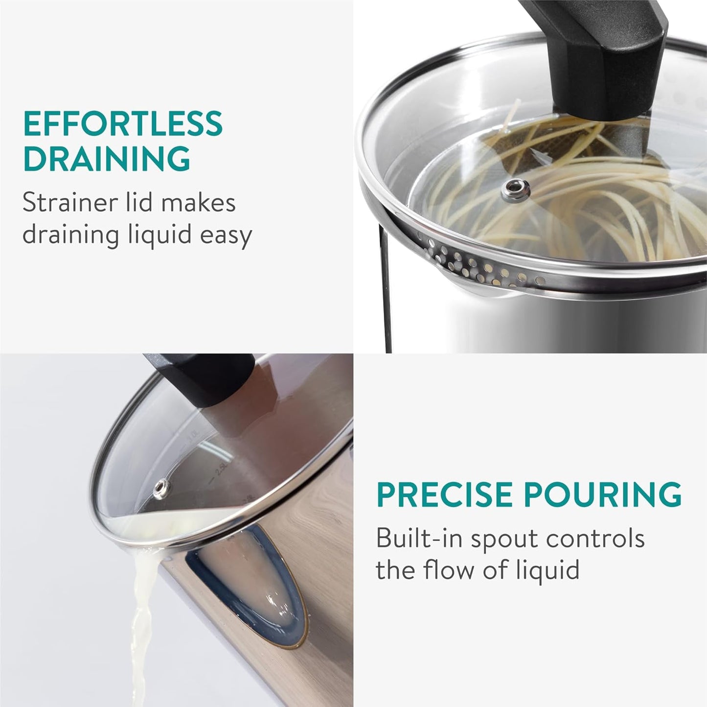 Navaris Stainless Steel Multifunctional Spaghetti Cooker & Steam Pot - 3.4L Capacity - Includes Lid & Basket - Silver