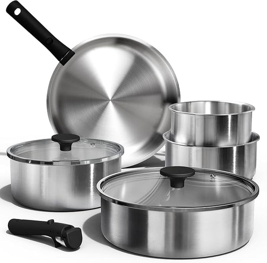 CAROTE Pots and Pans Set, Stainless Steel Cookware Set Detachable Handle, 9pcs Induction Kitchen Cookware Sets with Removable Handle, RV Cookware Set, Oven Safe