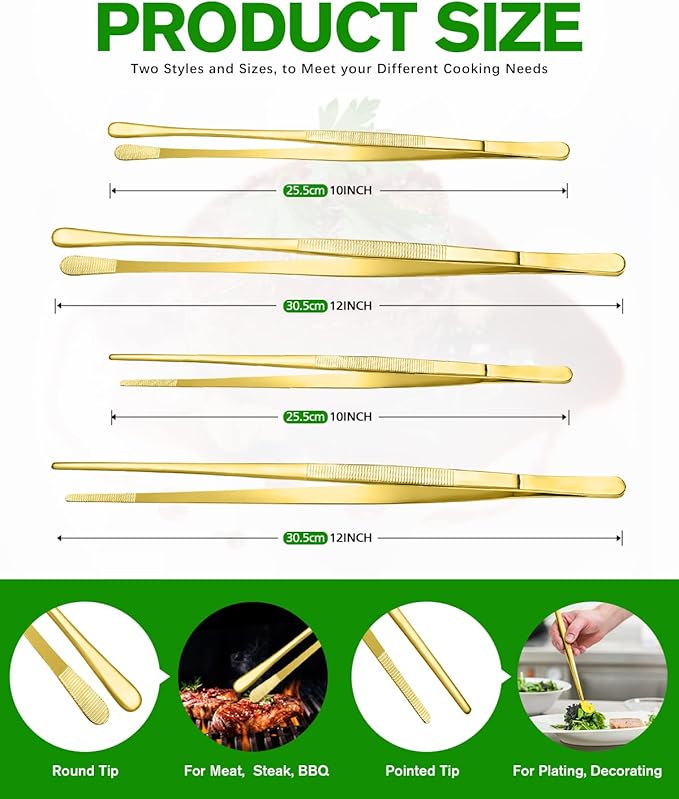 4 Pcs Fine Long Tweezer Tongs Professional Gold, 12'' and 10'' Stainless Steel for Kitchen, Food, Cooking, Repairing, Sea food and BBQ