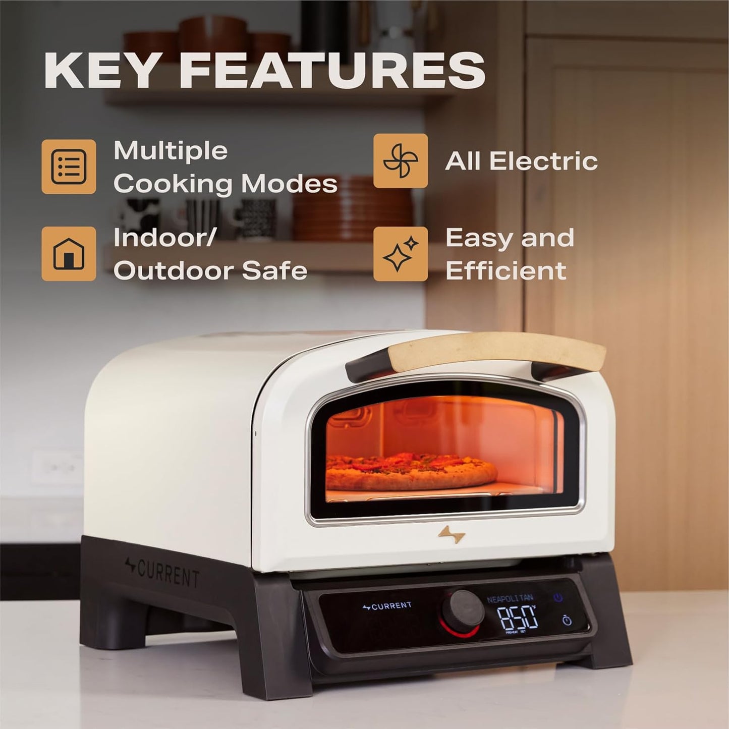 Current® Model P Smart Electric Pizza Oven, 12-Inch, 850°F Max, 5 Cooking Modes, App Connectivity for Temperature Monitoring & Custom Cooking Times, Compact for Indoor & Outdoor Use, Beige