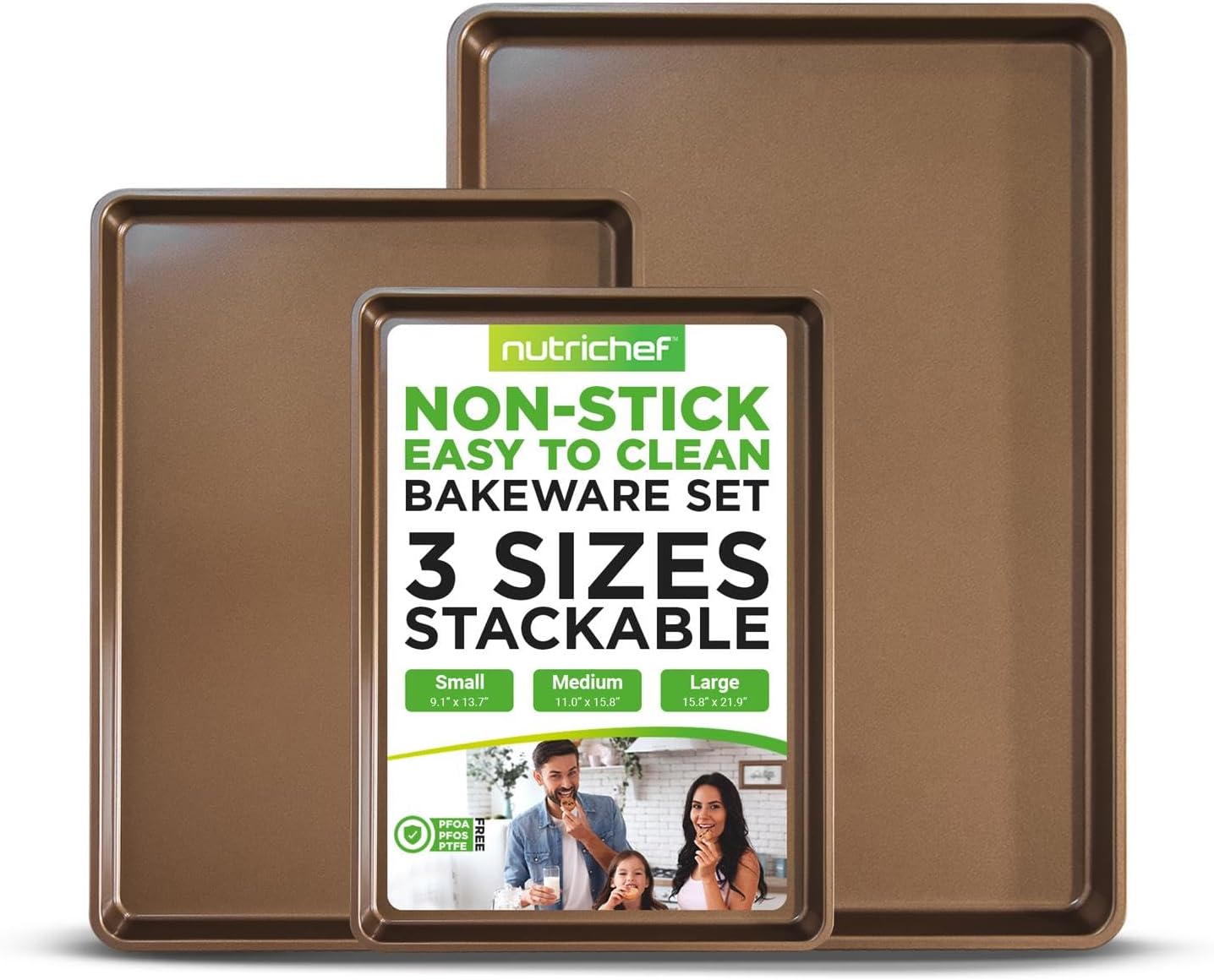 NutriChef 3-Piece Nonstick Baking Pans Set - Thick Carbon Steel Oven Bake Trays - Includes XL, Medium, & Small Sizes - Versatile Cookie Sheets for Baking & Roasting, Dishwasher Safe - Gold