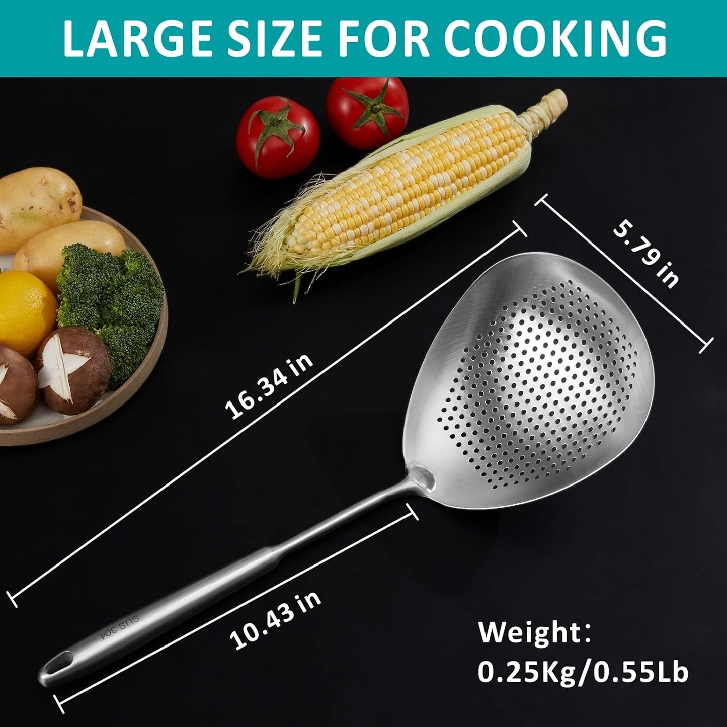 Large Deep Skimmer Slotted Spoon, Real SUS304 Stainless Steel Pasta Strainer, Colander Spoon with Big Draining Holes, Deep Fryer Scoop for Frying, Cooking, Draining, Ideal for Gift, 15''