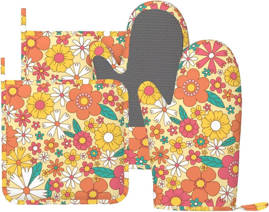 Hippie Groovy Flower Oven Mitts Pot Holders Set Silicone Heat Resistant Flowers Florals Pattern Oven Mitts and Hot Pads Potholders Non-Slip Oven Gloves for Cooking Baking Grilling BBQ