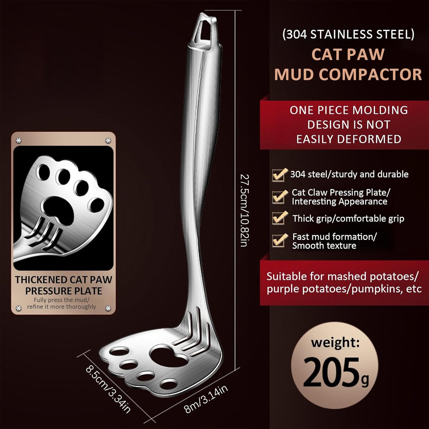 Mashed Potato Masher, Bean Smasher with Stainless Steel Handle, Heavy Duty Meat Masher Triturador de Papas para Pure, Suit for Potato, Guacamole, Fruits, Avocado, Bean and More