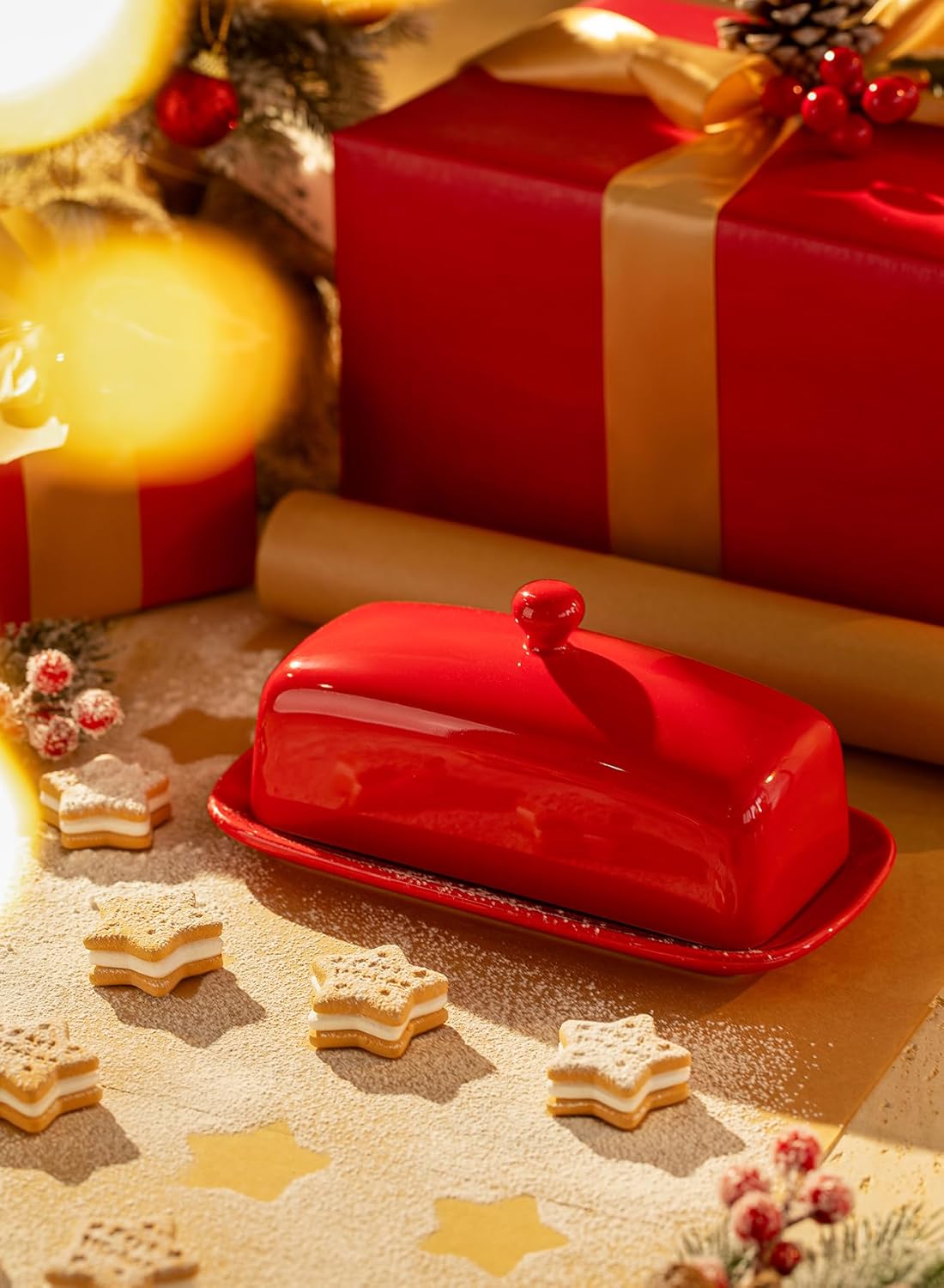 Sweese Butter Dish with Lid, Porcelain Butter Keeper, 7.8 Inch Butter Holder with Handle Cover, Butter Container Perfect for East West Coast Butter, Red