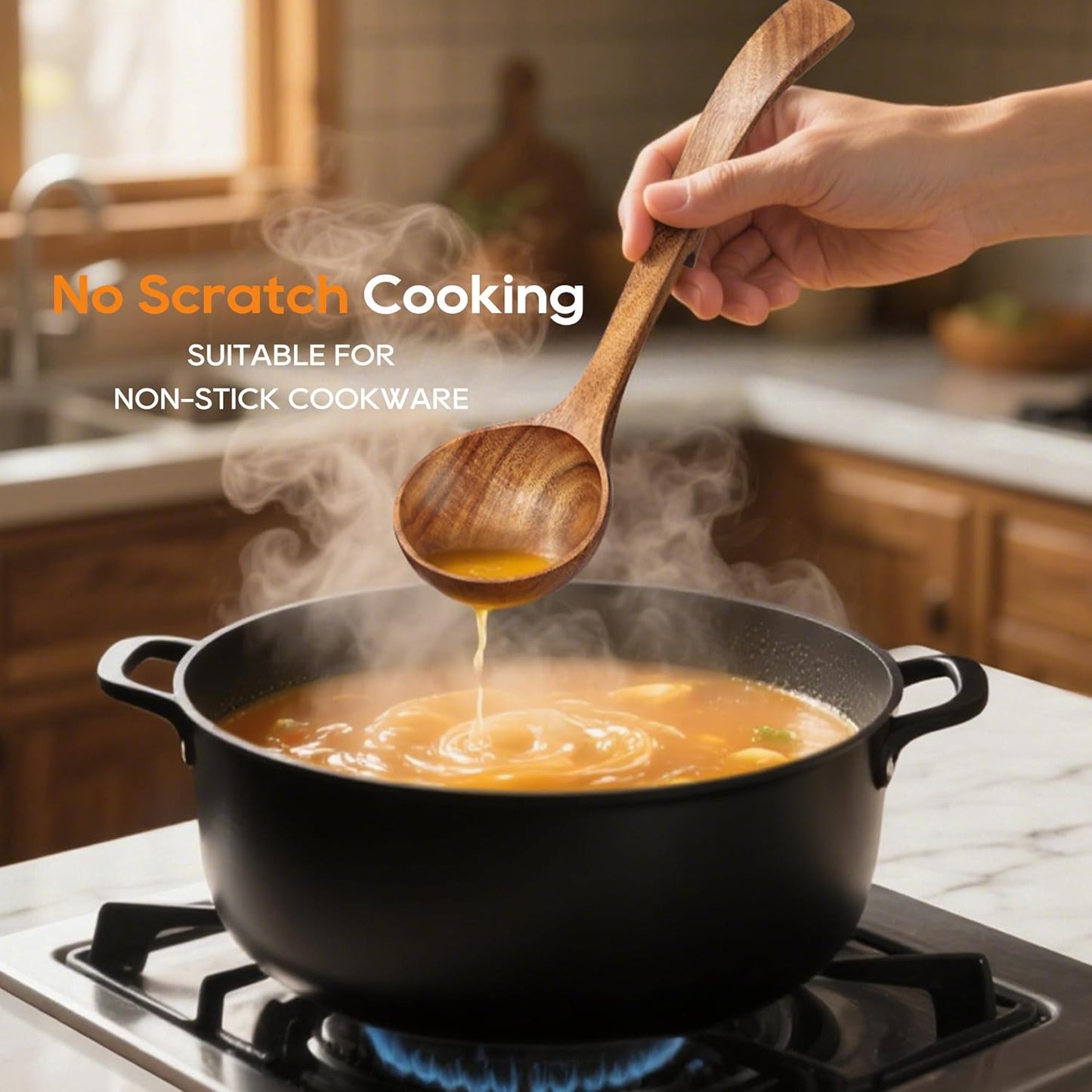 Wooden Ladle for Soup, 3 Size Teak Wood Ladle Spoon with Back Hooks, Heat Resistant Wooden Spoons for Cooking, Non-Stick, Comfortable Grip, Wood Kitchen Utensils Set for Serving, Stirring