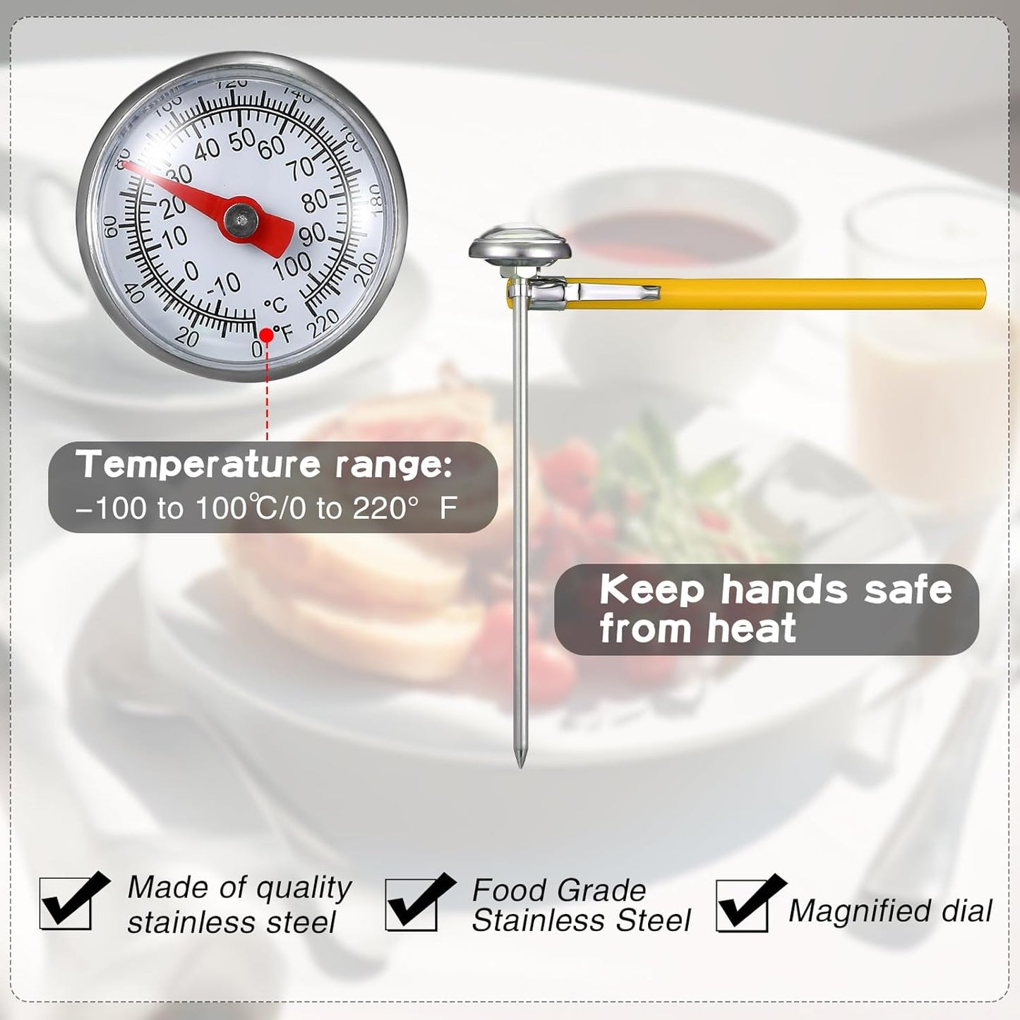 Xuhal 6 Pcs Stainless Steel Kitchen Thermometer with 5 Inch Long Stem 1 Inch Dial Thermometer Milk Frothing Food for Oven Probe Meat Grill BBQ Cooking Chocolate Water(Yellow)