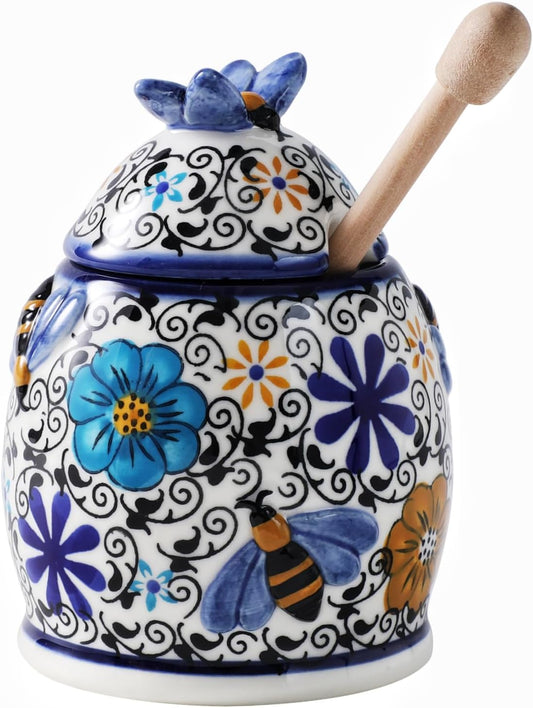 ZOOBEE 10oz Ceramic Honey Jar with Dipper Stick,Handpainted Honey Container for Storing Syrup,Small Mini Honey Pot with Bees,Disherwash Safe-Hidden Nook