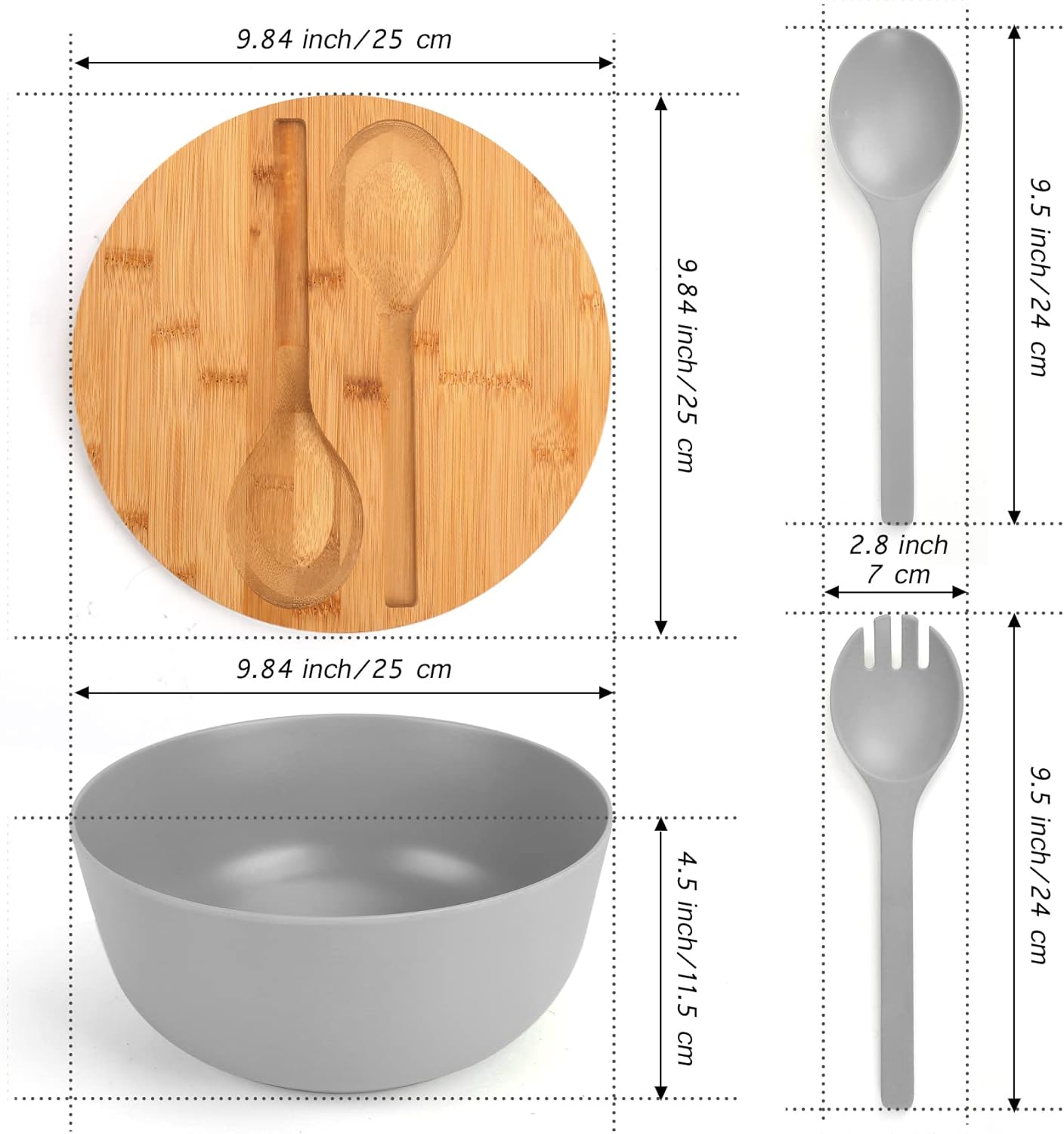 Large Salad Bowl with Lid, Bamboo Fiber Salad Serving Bowl Set with Utensils, 9.8inches Mixing Bowl with Servers, Solid Bamboo Wooden Bowl for Salad, Fruits, Vegetables and Pasta(Gray)