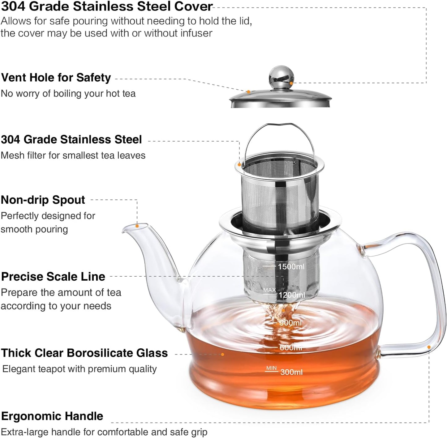 STNTUS Glass Teapot, 52 oz / 1500 ml for Loose Tea, Teapot with Infusers for Loose Tea, Stainless Steel Strainer, Tea Pot for Stove,